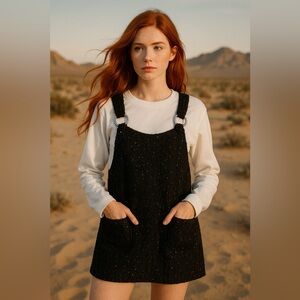 ZARA Trafaluc Black Textured Mini Pinafore Dress – Size L –